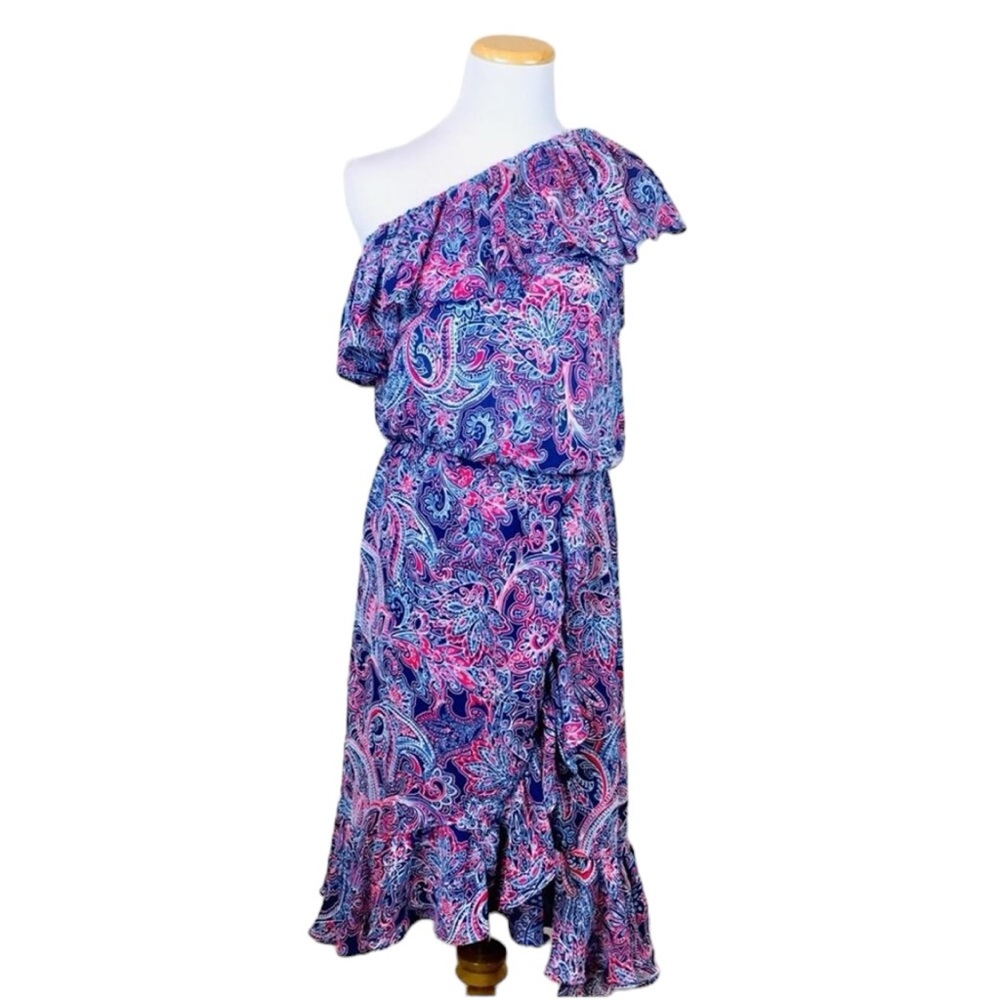 PARKER Paisley One Shoulder Ruffle Colorful Blouson Midi Dress Size XS $398 NWT